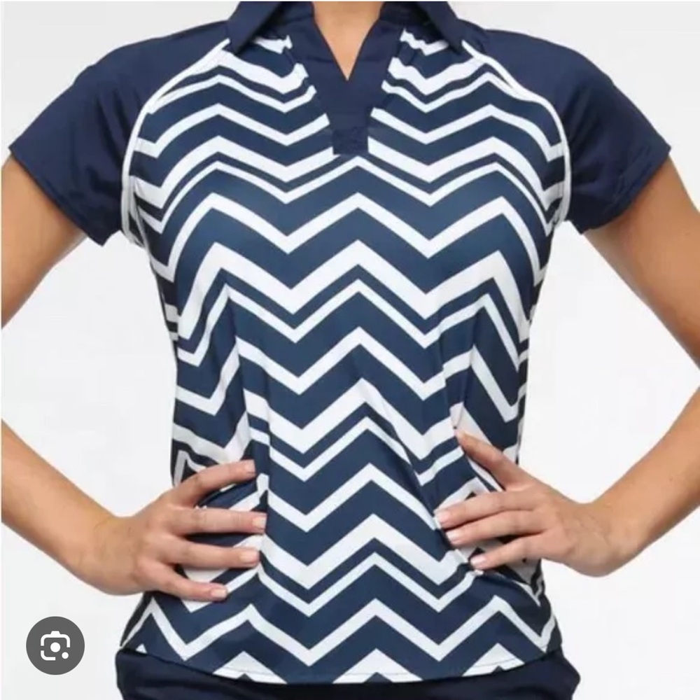 NWT Belyn Key Action Cap Sleeve Zig Zag Print Ink Dark Blue White Small Top